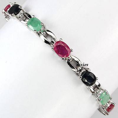 **NEW** LOVELY  GENUINE EMERALD, RUBY & SAPPHIRE 925 STERLING SILVER BRACELET