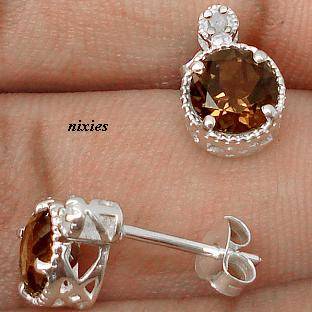 GENUINE DIAMOND & SMOKEY TOPAZ 925 STERLING SILVER EARRINGS STUDS