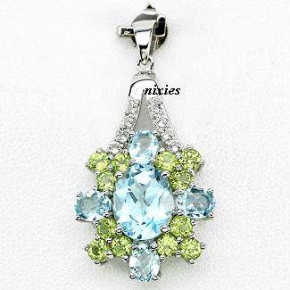 GORGEOUS SOLID 925 STERLING SILVER BLUE TOPAZ & PERIDOT PENDANT
