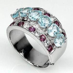 GORGEOUS SOLID 925 STERLING SILVER BLUE TOPAZ & RHODOLITE RING - SIZE 7(O)