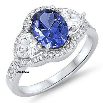AMAZING 925 STERLING SILVER TANZANITE & DIAMOND CZ RING - SIZE 7(O)