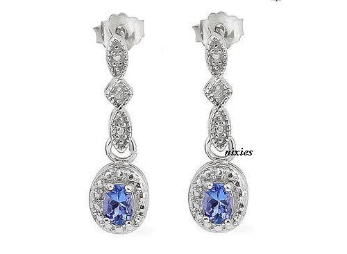 SMASHING 0.49 CT GENUINE DIAMOND & TANZANITE PLATINUM/925 SOLID SILVER EARRINGS