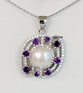 LOVELY SOLID 925 STERLING SILVER PEARL & AMETHYST PENDANT
