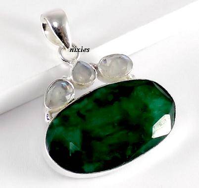 REMARKABLE RICH EMERALD & MOONSTONE 925 STERLING SILVER PENDANT