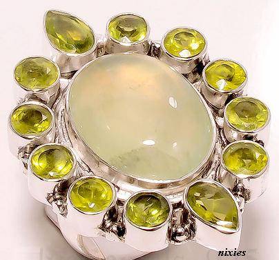 HUGE PREHINITE & PERIDOT 925 STERLING FILLED SILVER RING - SIZE 8(Q)