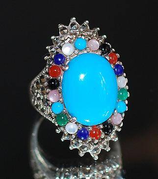 AMAZING TURQUOISE & MULTI GEMS SILVER RING - SIZE 7(O)