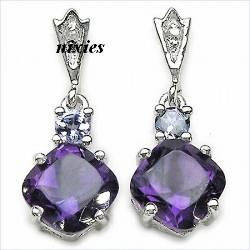 GENUINE AMETHYST & TANZANITE SILVER EARRINGS