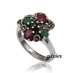 GENUINE SAPPHIRE, RUBY & EMERALD STERLING SILVER RING - SIZE 6(M)