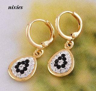 ELEGANT YELLOW GOLD EP BLACK & WHITE DIAMANTE EARRINGS