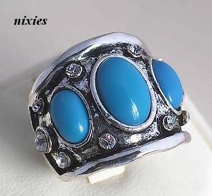 LOVELY TURQUOISE & CZ TIBETAN SILVER RING - SIZE 8(Q)