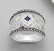 DAZZLING SOLID SILVER SAPPHIRE & MARCASITE RING - SIZE 7(O)