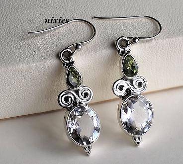 ELEGANT NATURAL WHITE TOPAZ & PERIDOT SOLID 925 STERLING SILVER EARRINGS