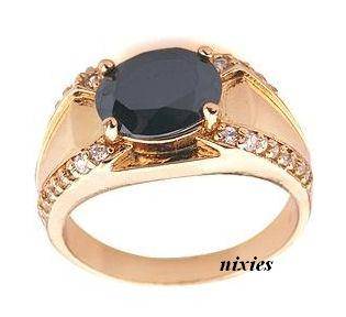 ATTRACTIVE YELLOW GP GENTS BLACK CZ  RING  - SIZE 9(S)