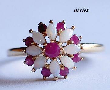 EXQUISITE NATURAL OPAL & RUBY CLUSTER IN SOLID 9K GOLD - SIZE 8(Q)