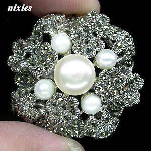HUGE 925 STERLING SILVER PEARL & MARCASITE RING - SIZE 9.5(T)