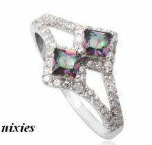SOLID 925 STERLING SILVER DOUBLE MYSTIC TOPAZ RING - SIZE 8(Q)