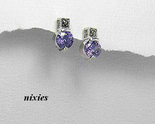 LOVELY SOLID SILVER AMETHYST & MARCASITE STUD EARRINGS