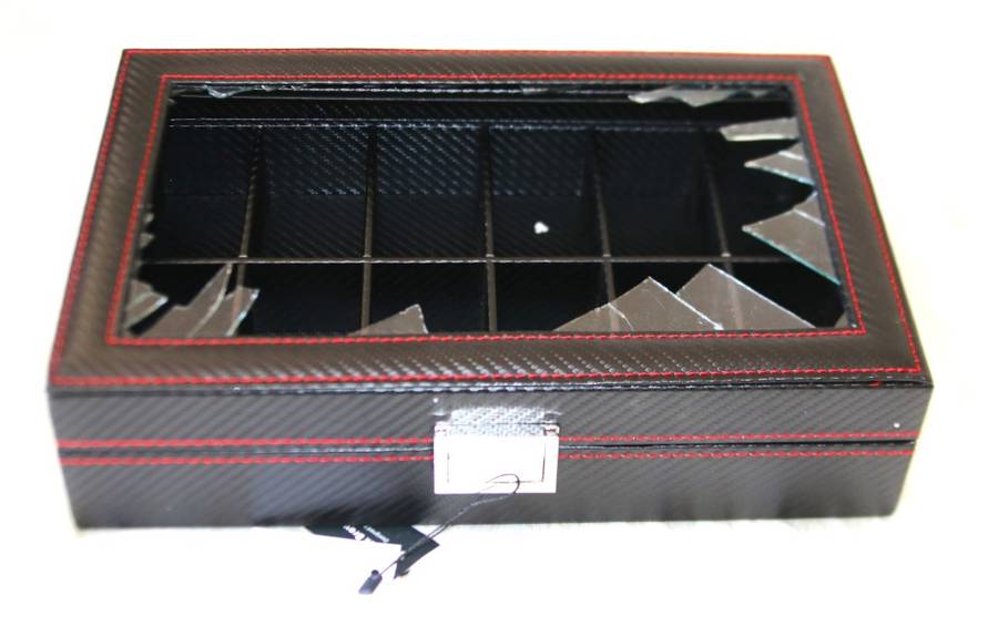 Jack Brown Luxury 10-Slot Carbon Fiber Watch Display Box - Black -BROKEN GLASS