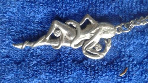 Naked Dancing Lady with Serpent Pendant 2 red swarovski crystals 5cm length with chain.