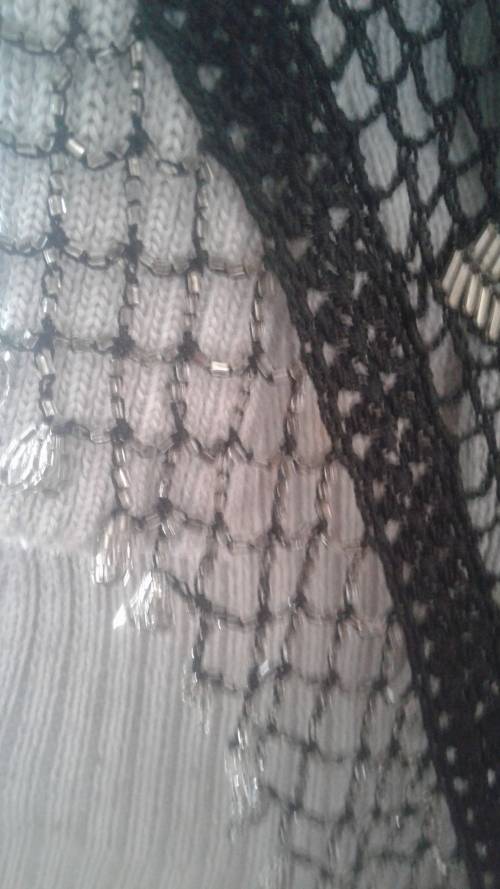 VINTAGE BEAUTIFUL EVENING  GOLD and SEE THRU BEADED BLACK CROCHET SHAWL - LIKE NEW