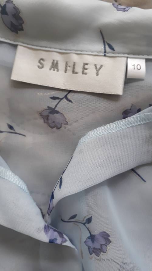 VINTAGE CLOTHING: LIGHT BLUE SHEER FLOWERED TOP WITH BLING - SIZE 34 - VERY GOOD