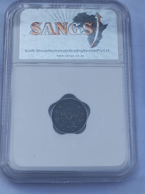 Rare collectors ZAR 1894 Three Pence AU50 Graded coin