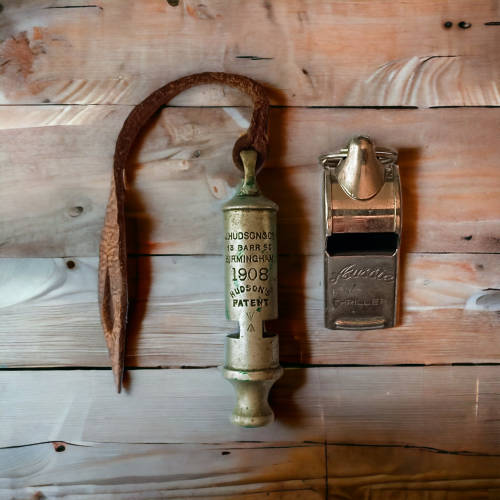 Extremely rare vintage collectors 1908 J Hudson & Co Birmingham and Rider Bell Sydney Whistles