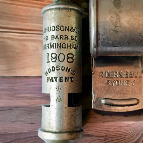 Extremely rare vintage collectors 1908 J Hudson & Co Birmingham and Rider Bell Sydney Whistles
