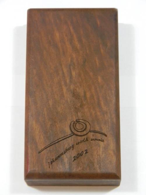 Empty SA Mint 2002 JHB World Summit 3 Coin Prestige Set Wooden Box with Engraving