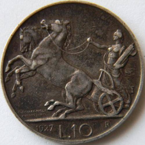 Italy Silver 10 Lire 1927R - RARE KEY DATE : EDGE **FERT** Choice EF