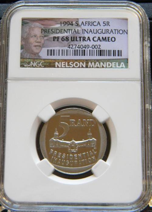 South Africa 1994 PROOF R5 Presidential Inauguration NGC Graded PF68 Ultra Cameo - Colour Label