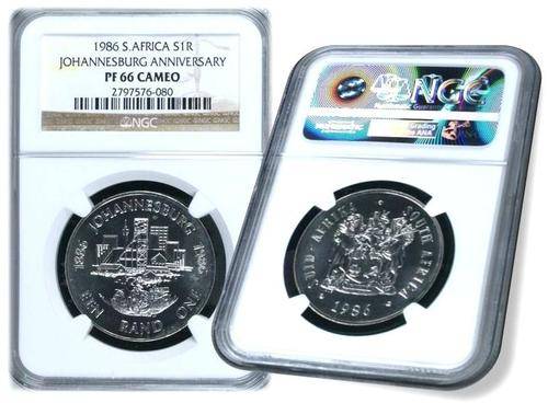 *~ SILVER PROOF RAND SALE ~* South Africa 1986 JHB Silver PROOF R1 - NGC Graded PF66 CAMEO
