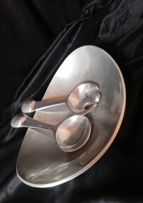 Pewter  Shell Salad servers and Bowl Set