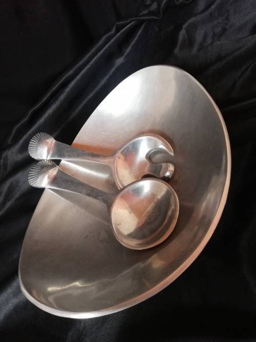 Pewter  Shell Salad servers and Bowl Set