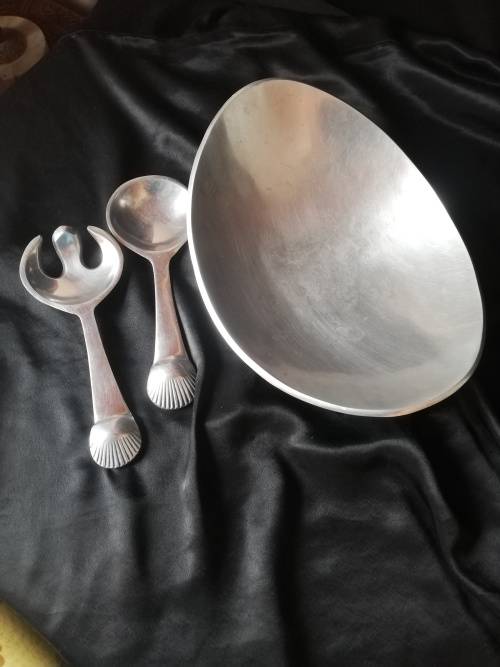 Pewter  Shell Salad servers and Bowl Set