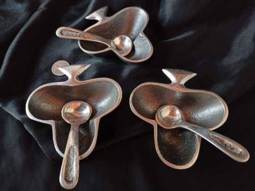 SET OF THREE PEWTER SNACK SERVING BOWLS WITH SPOONS