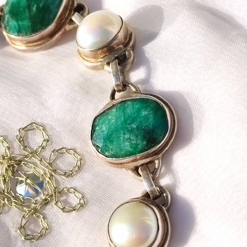 RARE STERLING RAW EMERALD AND PEARL BRACELET