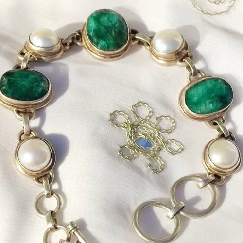 RARE STERLING RAW EMERALD AND PEARL BRACELET