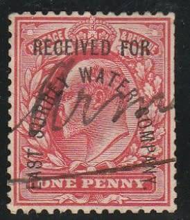 A very interesting REVENUE stamp of GB with overprint: RECEIVED FROM EAST SURREY WATER COMPANY