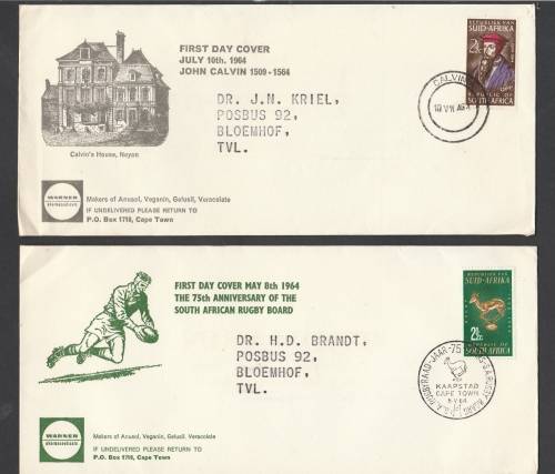 2 FDC's commercialy made in 1964 - JOHN  CALVIN and SA RUGBY BOARD