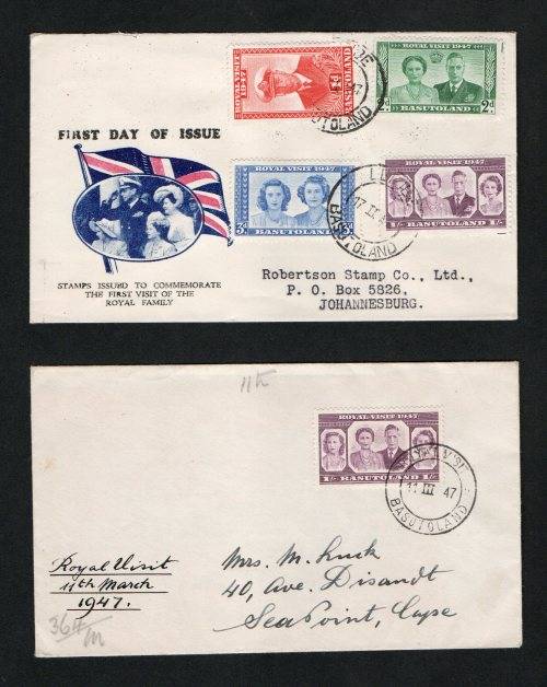 2 FDC`s Royal Visit 1947 (full set) + 1/-  of BASUTOLAND