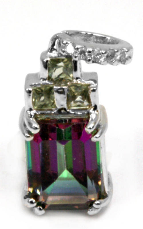 SOLID 9KT WHITE GOLD GENUINE MYSTIC TOPAZ & GREEN SAPPHIRE & DIAMOND PENDANT