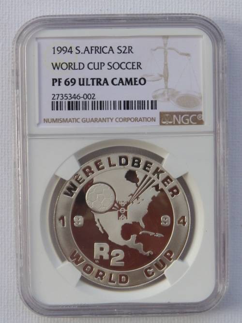 1994 SOTH AFRICA SILVER R2- WORLD CUP SOCCER- NGC GRADED PROOF69 UC  FINEST GRADE!