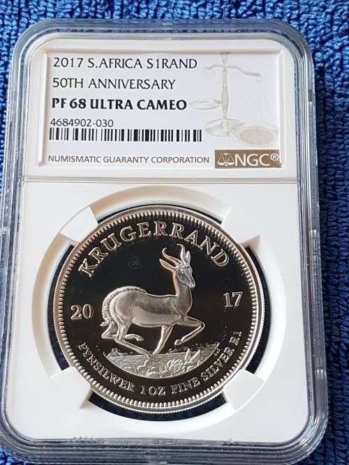2017 PROOF SILVER 1oz KRUGERRAND. 50TH ANNIVERSARY. NGC GRADED PROOF 68 UC.