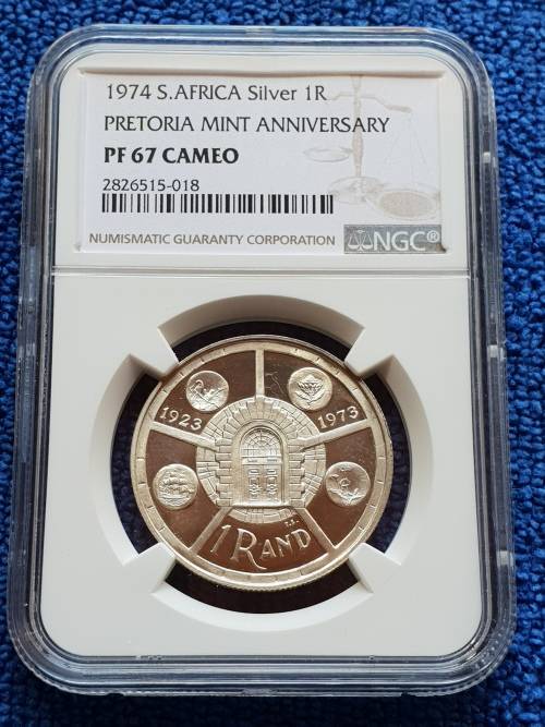 1974 SOUTH AFRICA SILVER R1 - PRETORIA MINT ANNIVERSARY- NGC GRADED PROOF 67 CAMEO - HIGH GRADE
