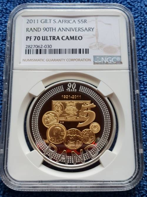 2011 SOUT AFRICA SILVER CROWN R5 -GILT 90th ANNIVERSARY OF SARB- NGC GRADED PROOF 70 UC-FINEST KNOWN