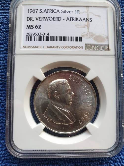 1967 SOUTH AFRICA SILVER R1 - DR.VERWOERD AFRIKAANS- NGC GRADED MS62