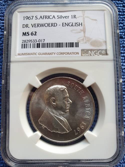 1967 SOUTH AFRICA SILVER R1 - DR.VERWOERD   ENGLISH  - NGC GRADED MS62