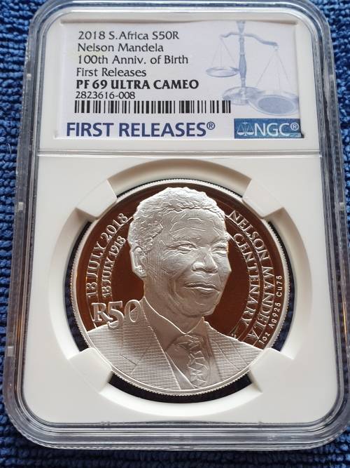 2018 SOUTH AFRICA SILVER R50 - NELSON MANDELA 100th ANNIV OF BIRTH - PF69UC  FIRST RELEASES