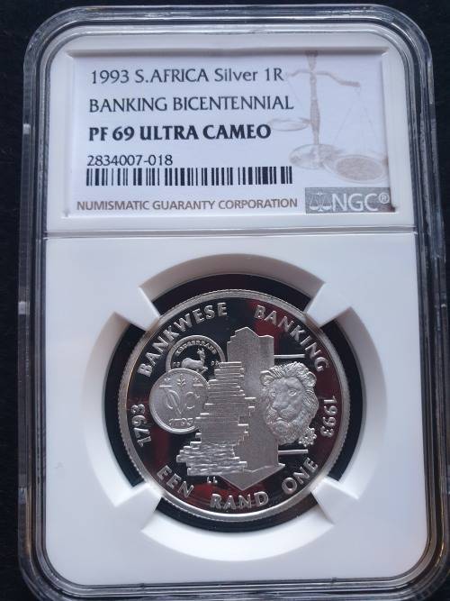 1993 SOUTH AFRICA SILVER R1  -BANKING BICENNTENNIAL- NGC GRADED PF 69 ULTRA CAMEO